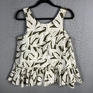 Whit Tank Top Womens Medium White Green Leaf Print Linen Silk Ruffle Hem Blouse